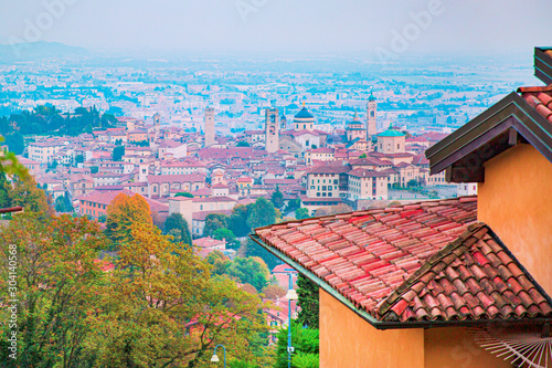 Photography Bergamo old town aerial panorama, Citta Alta. Lombardia, Italy.