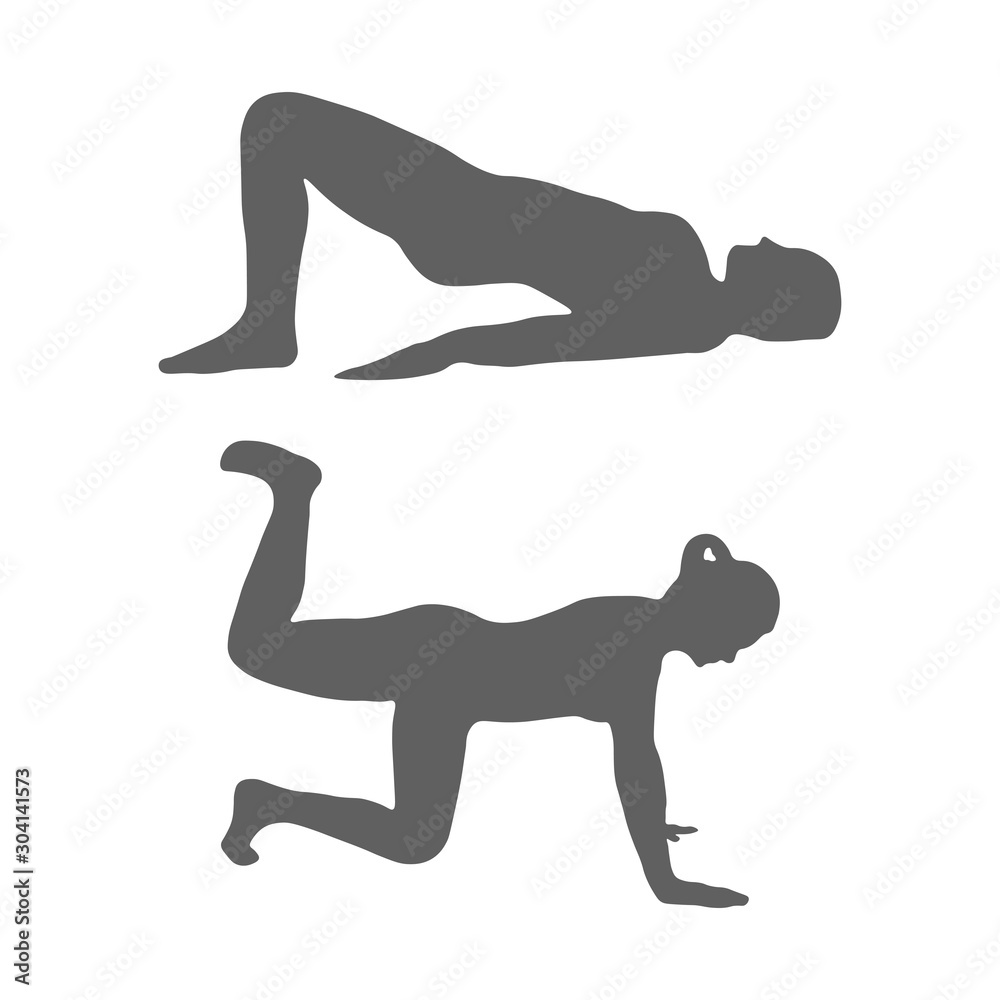 Silhouette of a woman performing fitness exercises for a buttocks. Concept of performing physical exercises by a girl and outdoor activities, healthy lifestyle. Isolated vector on a white background. Silhouette of a woman performing fitness exercises for a buttocks. Concept of performing physical exercises by a girl and outdoor activities, healthy lifestyle. Isolated vector on a white background.