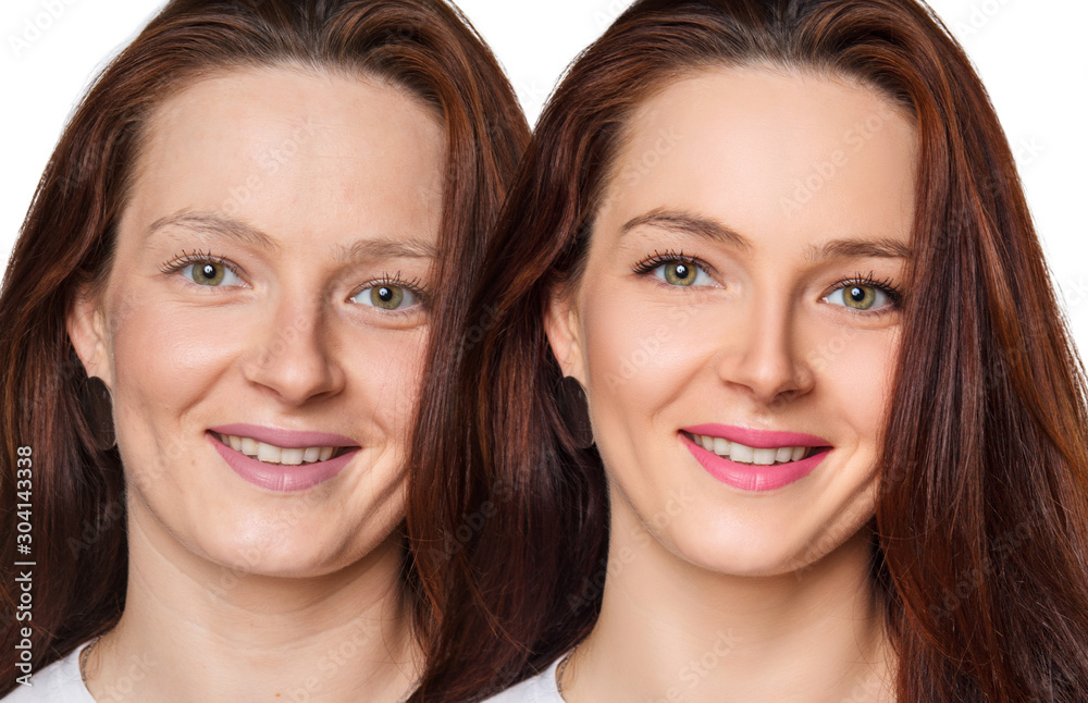 Face of beautiful woman before and after make-up. Face of beautiful woman before and after make-up.