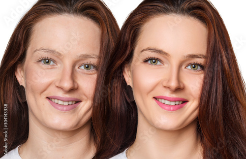 Face of beautiful woman before and after make-up.