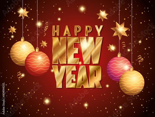 poster of happy new year with balls decoration hanging vector illustration design