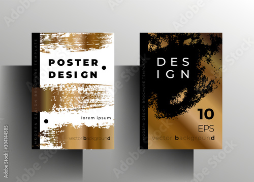 Set of cover templates, poster, brochure. Modern design with brush strokes and gold. Vector 10 EPS.