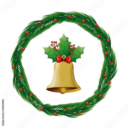 bell christmas in wreath decoration isolated icon vector illustration design