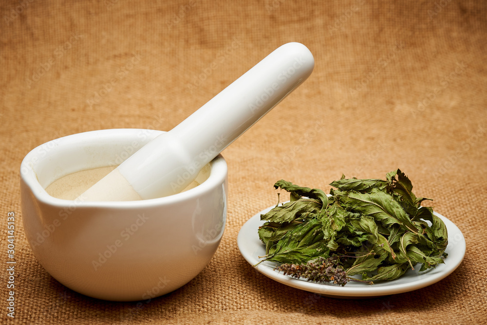 Mortar with pestle and mint leaves.