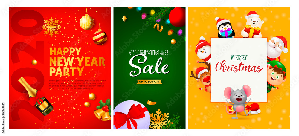 New Year and Christmas Sale flyers set with baubles