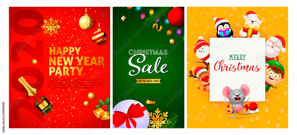 Fototapeta premium New Year and Christmas Sale flyers set with baubles