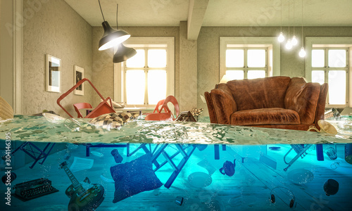 living room flooded with floating chair and no one above.