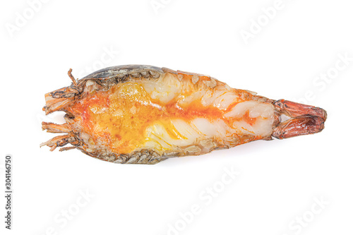 Grilled giant river shrimp or prawn isolated on white background with clipping path, Popular Thai sea food, The shrimp head will be in creamy orangy colour with an extremely good taste.