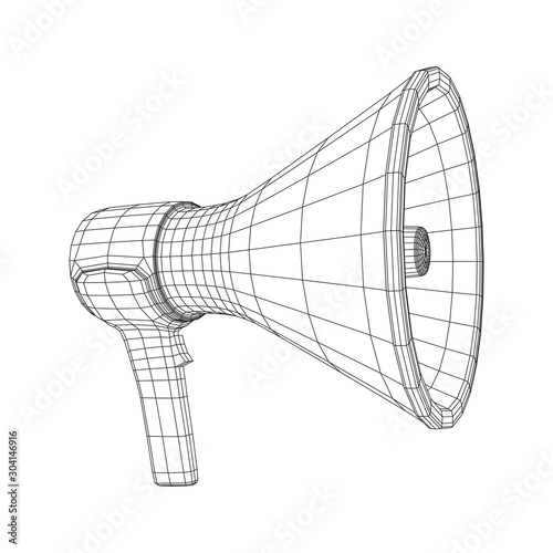 Megaphone or bullhorn for amplifying voice for protests rallies or public speaking. Wireframe low poly mesh vector illustration