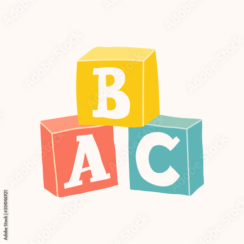 Wooden alphabet cubes with A,B,C letters. Vector.