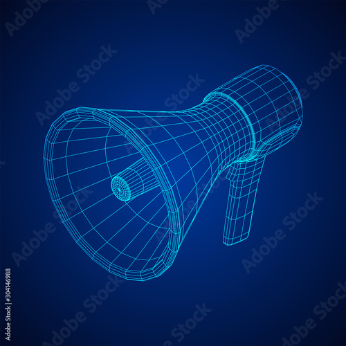 Megaphone or bullhorn for amplifying voice for protests rallies or public speaking. Wireframe low poly mesh vector illustration