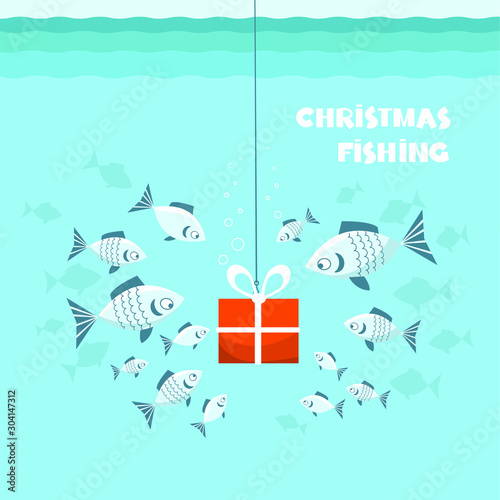Christmas fishing card. Flock of fish and present gift in sea blue water background. Vector Winter holiday illustration with Christmas  text.