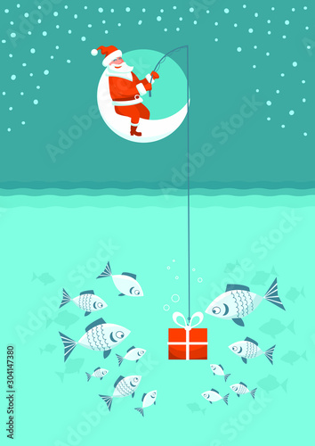 Christmas fishing card. Santa Claus with present box fishing sitting on moon. Vector Winter holiday illustration background