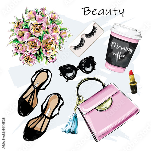 Hand drawn cute set with cosmetic, accessories and coffee cup. Bag, lipstick, false eyelashes, sunglasses and flowers, shoes. Sketch. Vector illustration.