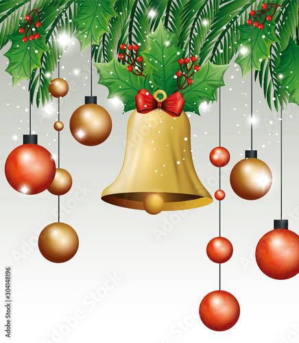 bell with balls hanging christmas decoration vector illustration design