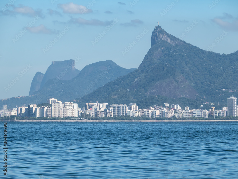 Sugar Loaf Mountain, Corcovado, on the horizon, front view, Icaraí, in the city of Niterói, Rio de Janeiro, Brazil. Beautiful landscape.
