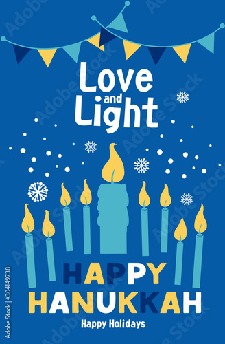 Jewish holiday Hanukkah greeting card traditional Chanukah symbols - menorah candles, star David illustration on blue.