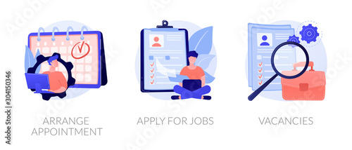 Recruitment interview. Work position sourcing. Employment website. Business recruiting. Arrange appointment, apply for jobs, vacancies metaphors. Vector isolated concept metaphor illustrations