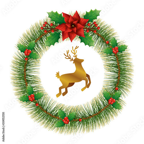 wreath of leafs tropicals for christmas decoration with reindeer vector illustration design