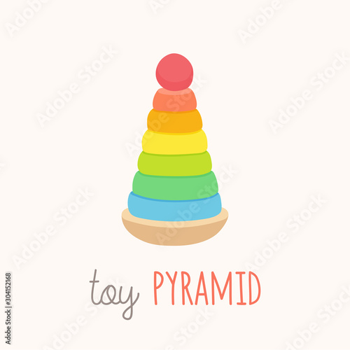 Colorful toy pyramids with clown heads in red funny hat. Cute toy clowns smiling.Classic ring stacker with a fun design. Cartoon vector eps 10 illustration isolated on white background.