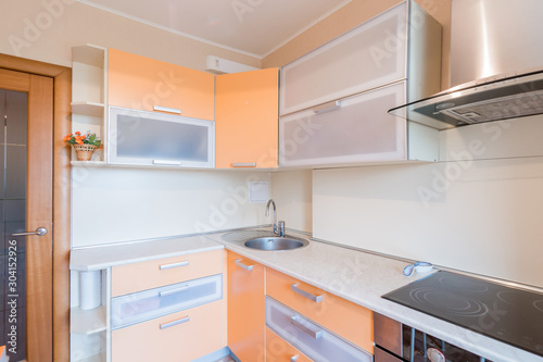 Russia, Moscow- July 05, 2019: interior room apartment. standard repair decoration in hostel. kitchen, dining area