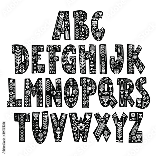 Alphabet hand drawn letters in folk style. Scandinavian style font. Capital letters with ethnic decorative leaves, flowers. Vector illustration.