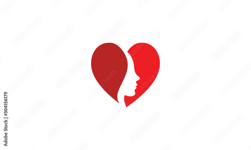 Young woman in red heart shape. Abstract vector logo design template with girl silhouette. Concept for beauty salon, accessories, fashion, cosmetics. - Vector Young woman in red heart shape. Abstract vector logo design template with girl silhouette. Concept for beauty salon, accessories, fashion, cosmetics. - Vector