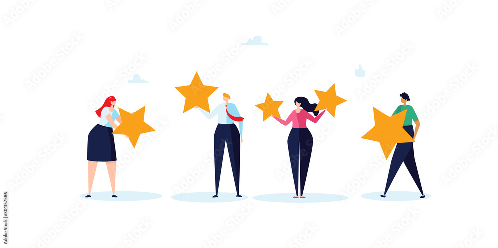 Concept of feedback, rating and success. The group of young people hold the rating stars in their hand. Vector illustration in flat design Concept of feedback, rating and success. The group of young people hold the rating stars in their hand. Vector illustration in flat design