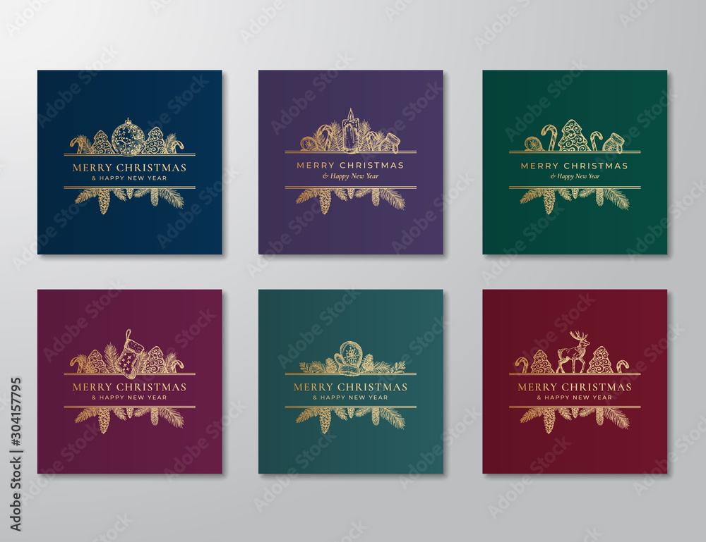 Christmas Abstract Botanical Labels or Cards Collection with Rectangle Frame Banners. Golden Glitter Background Greeting Layouts Set. Sock, Deer, Toy Ball and Candle Sketch Emblems Bundle. Christmas Abstract Botanical Labels or Cards Collection with Rectangle Frame Banners. Golden Glitter Background Greeting Layouts Set. Sock, Deer, Toy Ball and Candle Sketch Emblems Bundle.