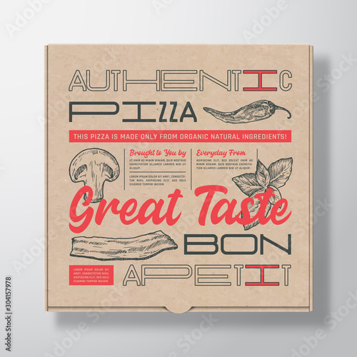 Pizza Realistic Cardboard Box Container. Abstract Vector Packaging Design or Label. Modern Typography, Hand Drawn Ingredients Mushroom, Basil, Bacon and Chilly. Craft Paper Background Layout.