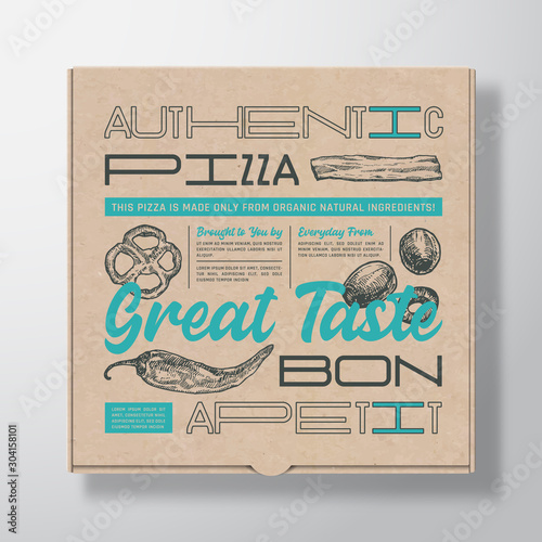 Pizza Realistic Cardboard Box Container. Abstract Vector Packaging Design or Label. Modern Typography, Hand Drawn Ingredients Olives, Bacon and Chilly Pepper. Craft Paper Background Layout.