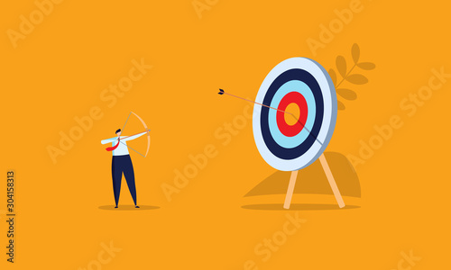 Concept of career, professional growth, supporting employees, coaching, career planning, career development, and team work. Businessmen and employees going to the goal. Vector illustration
