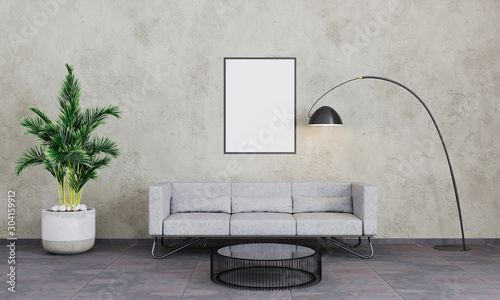 Empty picture frame in loft living room. Picture mockup. Modern interior living room with grey concrete wall, sofa, black lamp and palm tree. Loft stlyle living room. 3d rendering. photo