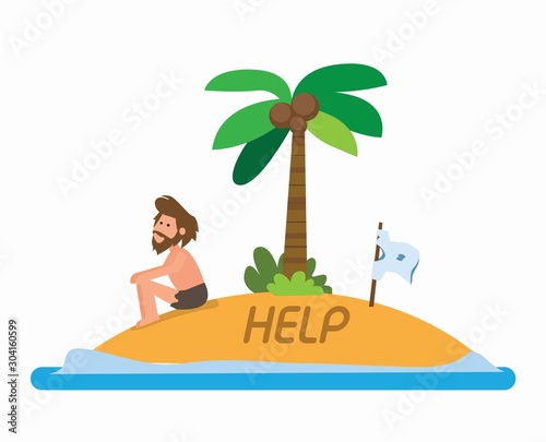 man stranded in island flat illustration vector