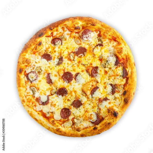 Homemade Italian pizza with mozzarella , tomato , olives and mushrooms isolated on white background . Top view