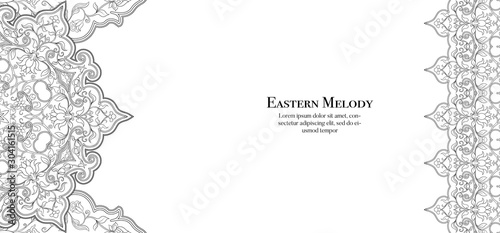 Eastern ethnic motif, traditional muslim ornament. Template for wedding invitation, greeting card, banner, gift voucher, label. Vector illustration