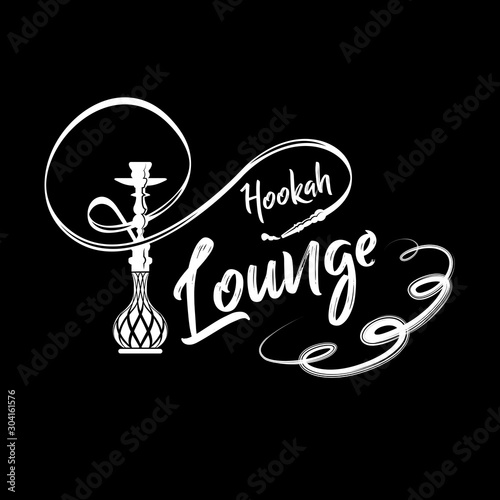Hookah vector logo design on black background. Smoking hookah label for lounge cafe emblem, arabian bar or house, shop, isolated vector illustration.