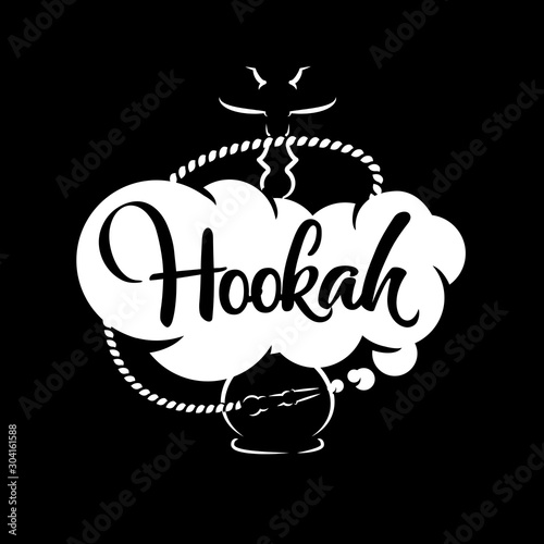 Hookah vector logo design on black background. Smoking hookah label for lounge cafe emblem, arabian bar or house, shop, isolated vector illustration.