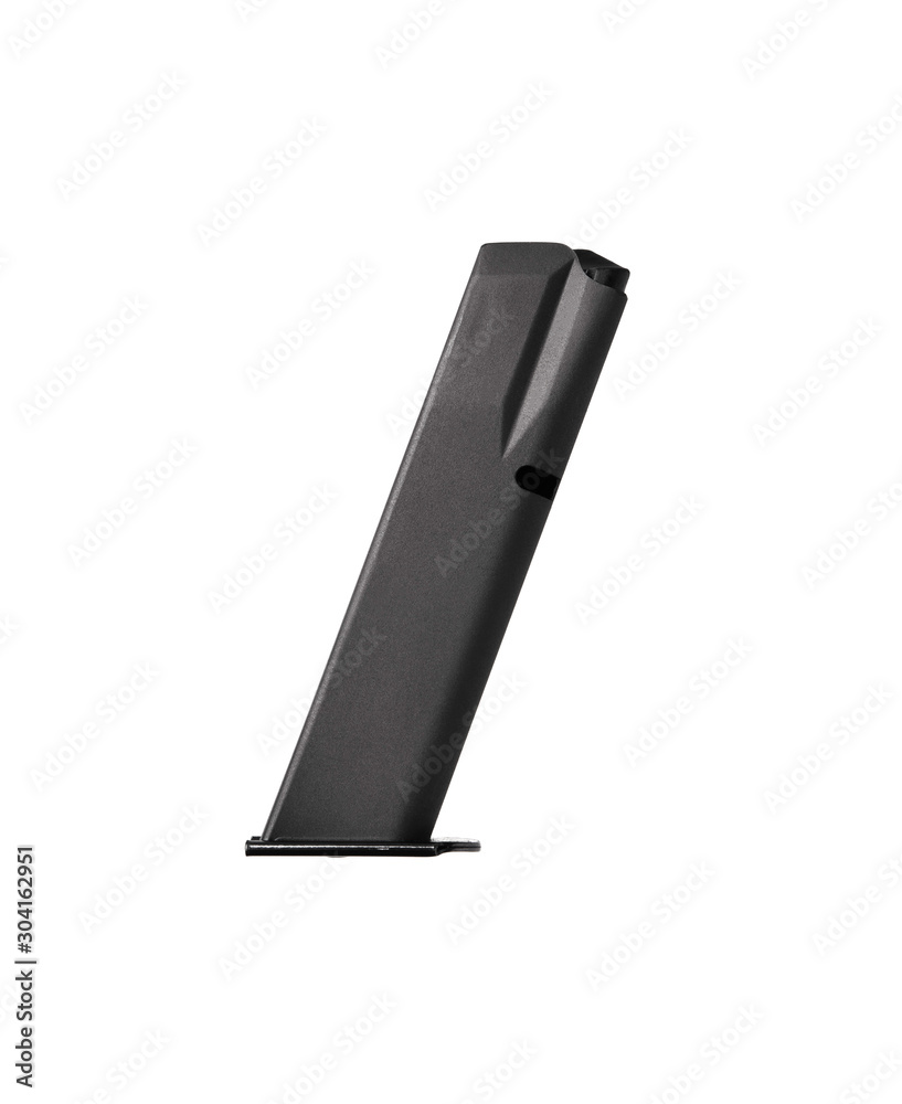 Handgun magazine on white surface. Clip for a modern semi-automatic pistol isolate on a white background.