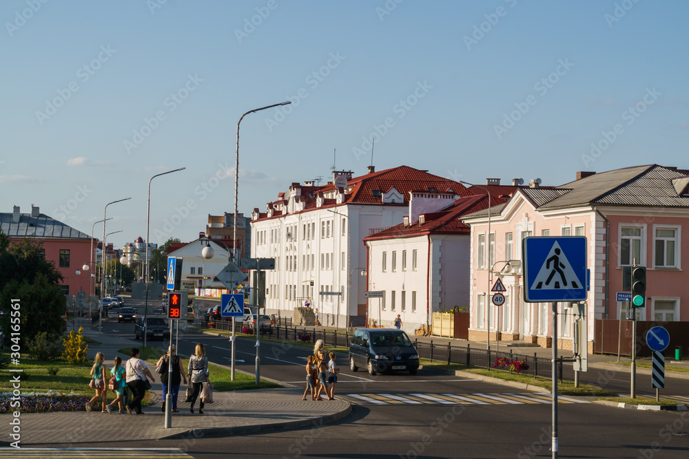 Pinsk, Belarus - August 26, 2019. Photo of the historical, pedestrian Lenin street in Pinsk. Pinsk, Belarus - August 26, 2019. Photo of the historical, pedestrian Lenin street in Pinsk.
