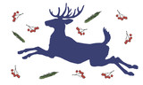 isolated silhouette of jumping deer on white background, Rowan berries, branches of Christmas tree, reindeer for Santa's sleigh