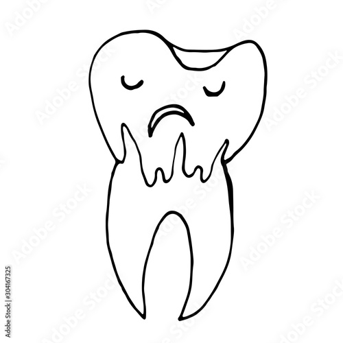 Cute happy cartoon tooth being cleaned with brush, and water set. Hand drawn line art cartoon vector illustration.