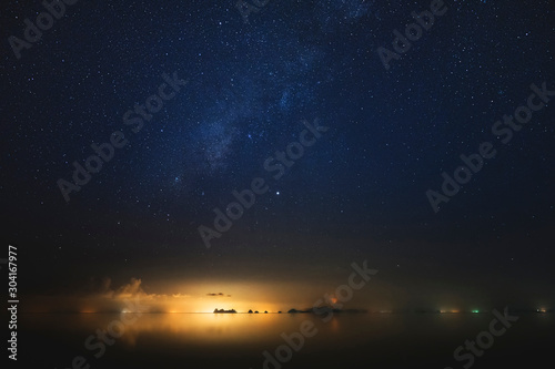 The sky with star is above on light of city and mountain at the lake in dark night.