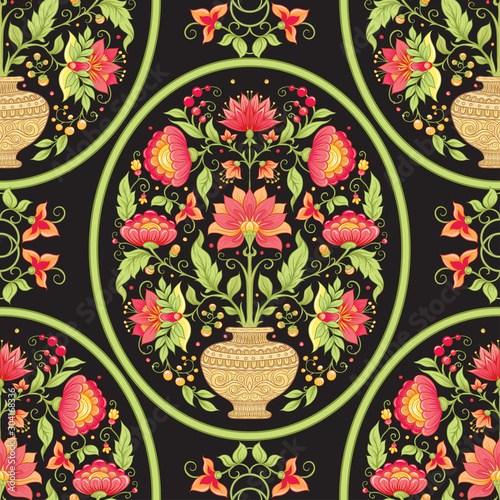 Tradition mughal motif, fantasy flowers in retro, vintage style. Seamless pattern, background. Vector illustration. Isolated on black background..