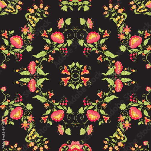 Tradition mughal motif, fantasy flowers in retro, vintage style. Seamless pattern, background. Vector illustration. Isolated on black background..