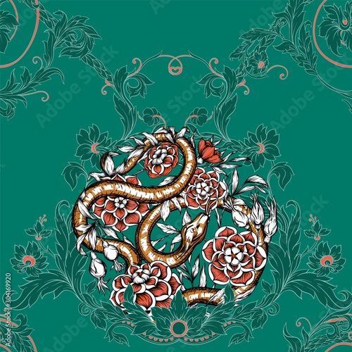 Roses and snake. Seamless pattern, background. Graphic drawing, engraving style. Vector illustration. In art nouveau style, vintage, old, retro style