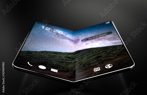 Smartphone with fold feature - modern construction, future of modern smartphones or tablets, wallpaper with galaxy, milky way in mountains	