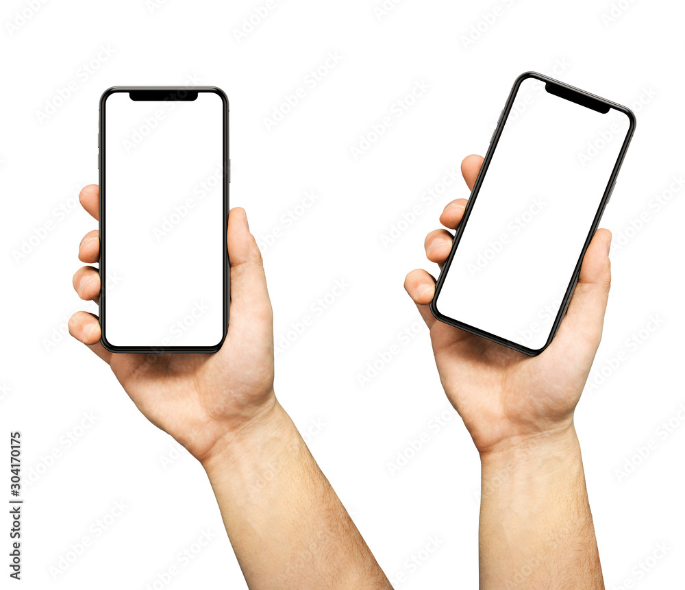 Foto Stock Man hand holding iPhone 11. The black Apple iPhone 11 Pro with  blank screen template - modern frameless design | Adobe Stock