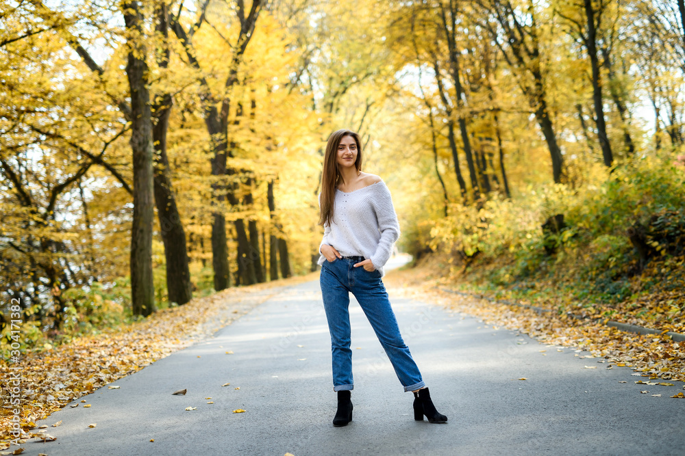 Autumn landscape. Woman in casual wear posing in park with yellow leaves Autumn landscape. Woman in casual wear posing in park with yellow leaves