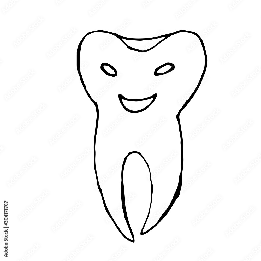 Cute happy cartoon tooth being cleaned with brush, and water set. Hand drawn line art cartoon vector illustration. Cute happy cartoon tooth being cleaned with brush, and water set. Hand drawn line art cartoon vector illustration.